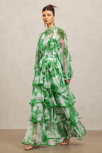Jolie Round Neck Long Sleeves Floral Printed Folds Green Maxi Dress Avalabel