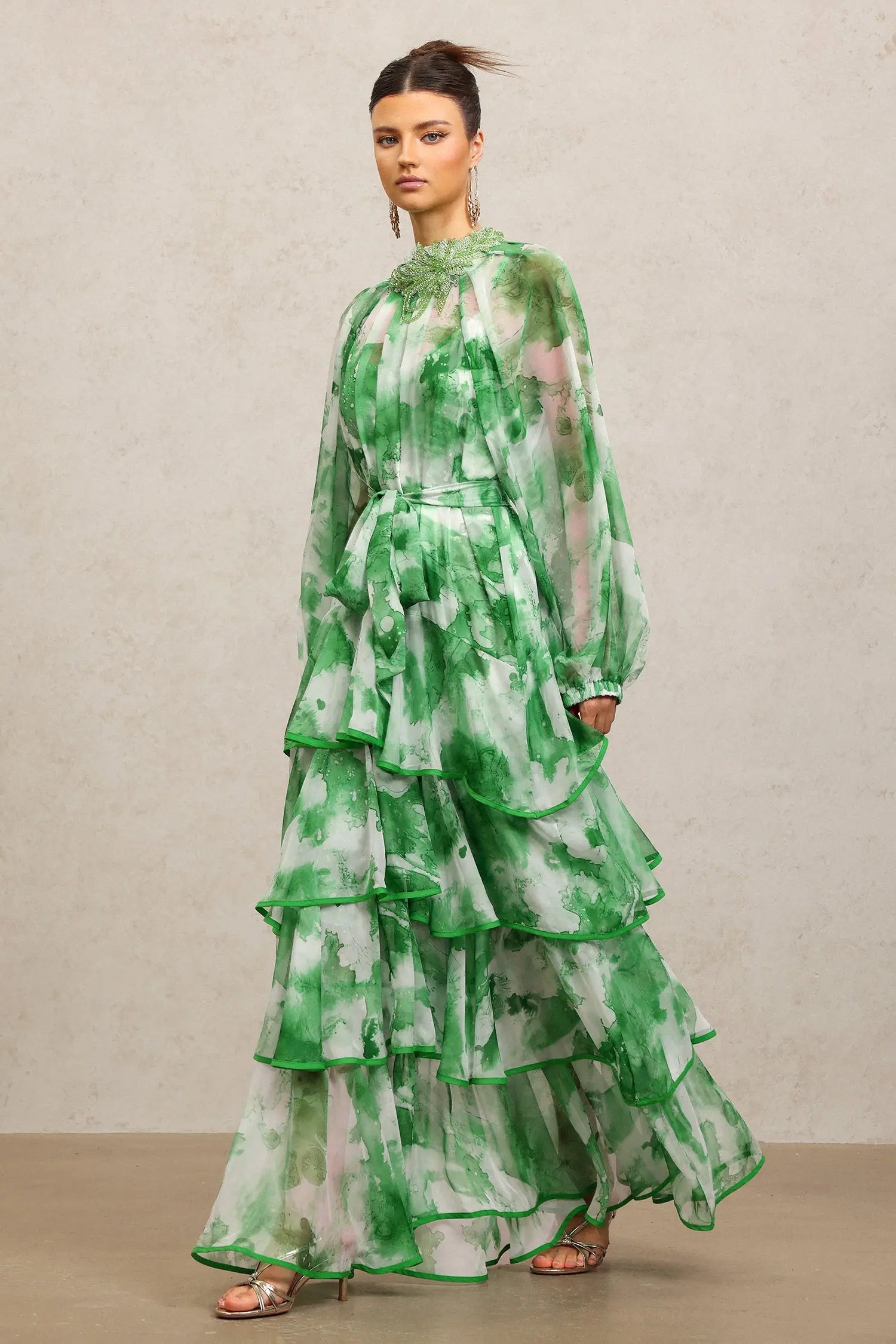 Jolie Round Neck Long Sleeves Floral Printed Folds Green Maxi Dress Avalabel