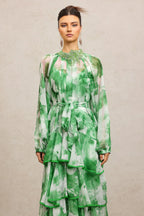 Jolie Round Neck Long Sleeves Floral Printed Folds Green Maxi Dress Avalabel
