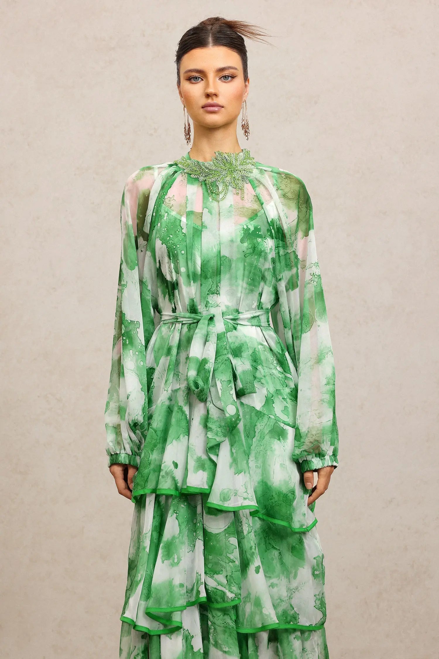 Jolie Round Neck Long Sleeves Floral Printed Folds Green Maxi Dress Avalabel