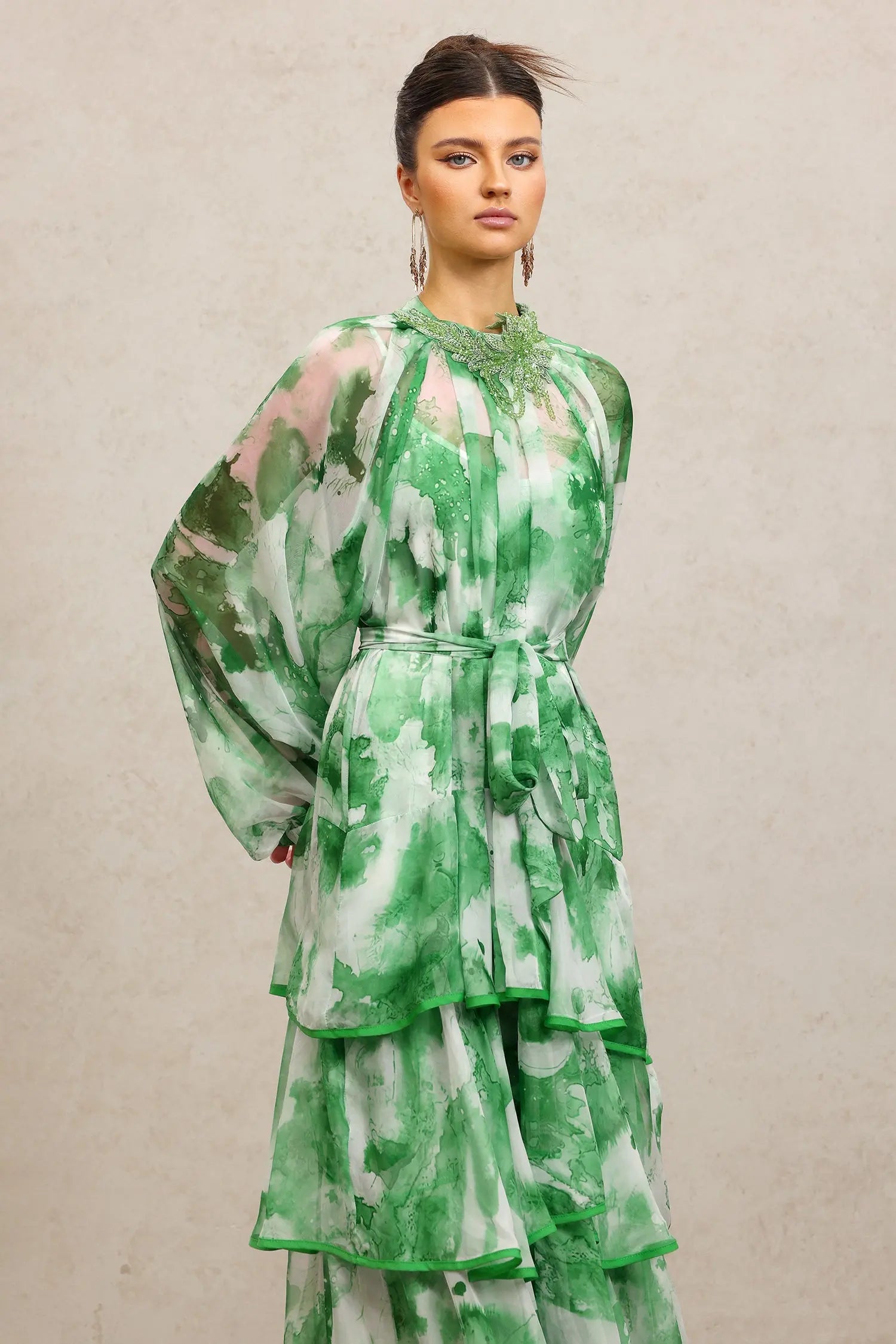 Jolie Round Neck Long Sleeves Floral Printed Folds Green Maxi Dress Avalabel