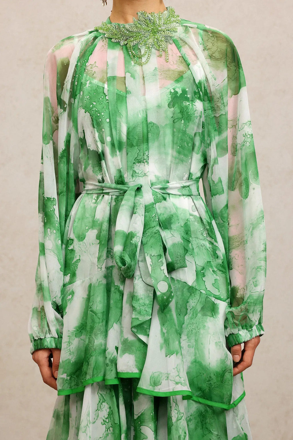 Jolie Round Neck Long Sleeves Floral Printed Folds Green Maxi Dress Avalabel