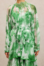 Jolie Round Neck Long Sleeves Floral Printed Folds Green Maxi Dress Avalabel