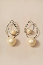 Double Irregular Twisted Hoop Two-Size Pearl Drop Silver Earrings poava