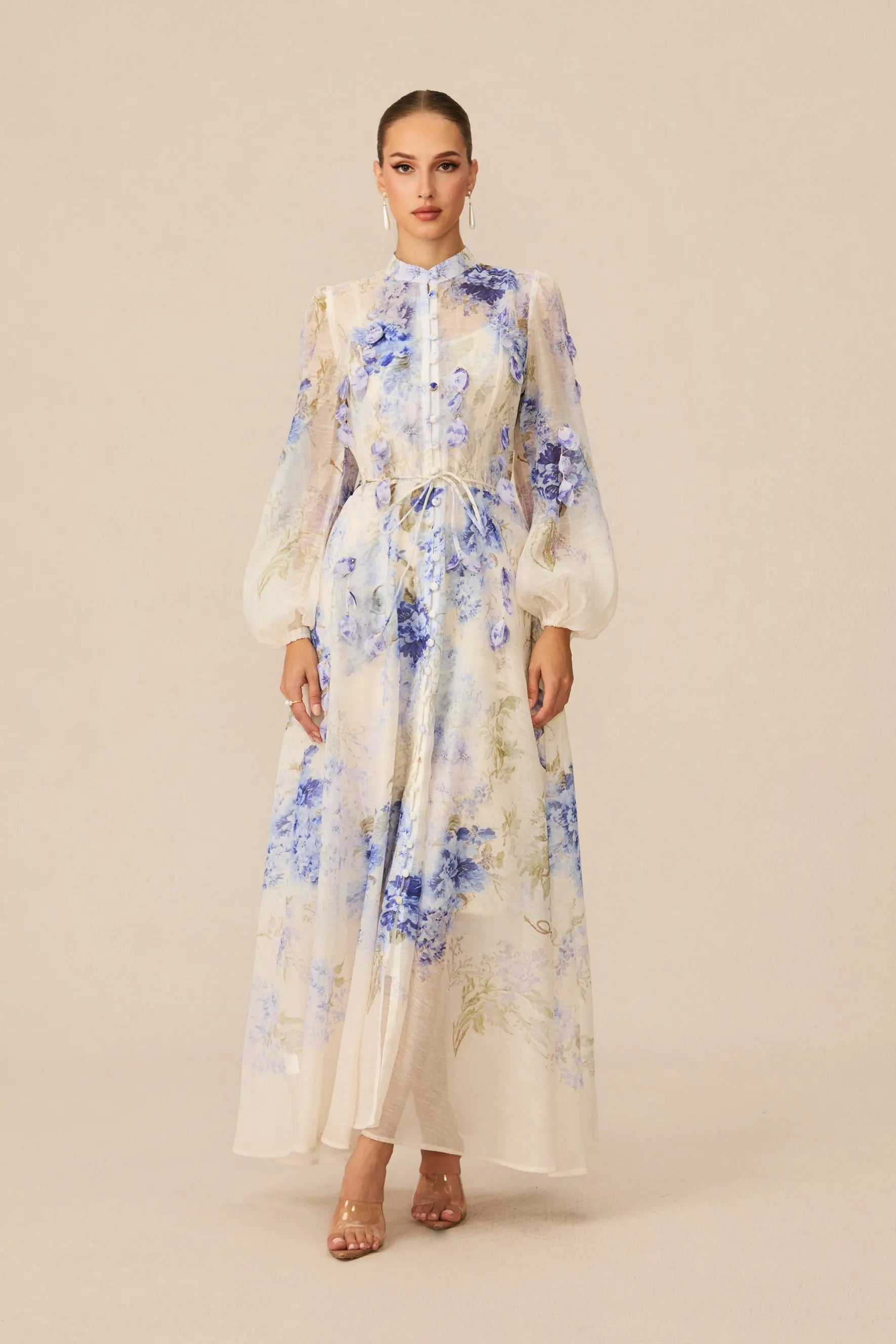sandra Blue Floral Print puff sleeve Maxi Dress Avalabel