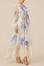 sandra Blue Floral Print puff sleeve Maxi Dress Avalabel