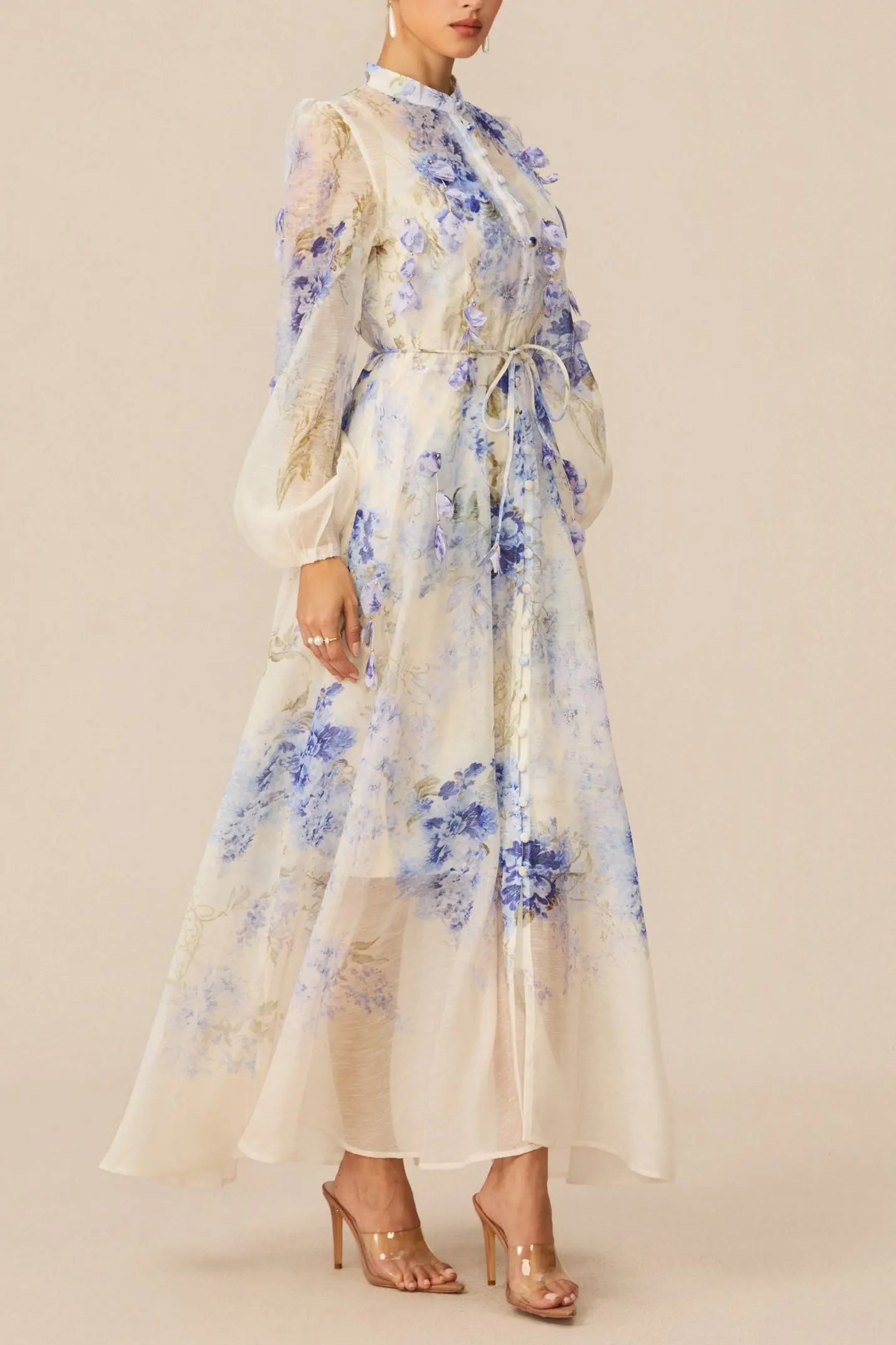 sandra Blue Floral Print puff sleeve Maxi Dress Avalabel