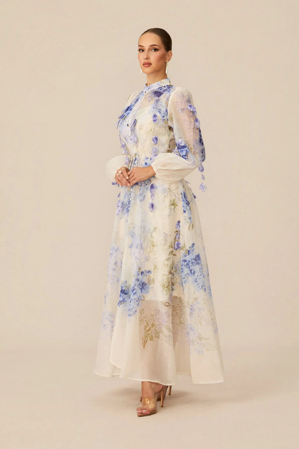 sandra Blue Floral Print puff sleeve Maxi Dress Avalabel
