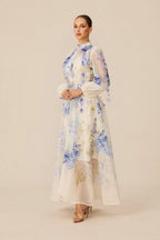 sandra Blue Floral Print puff sleeve Maxi Dress Avalabel