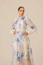 sandra Blue Floral Print puff sleeve Maxi Dress Avalabel