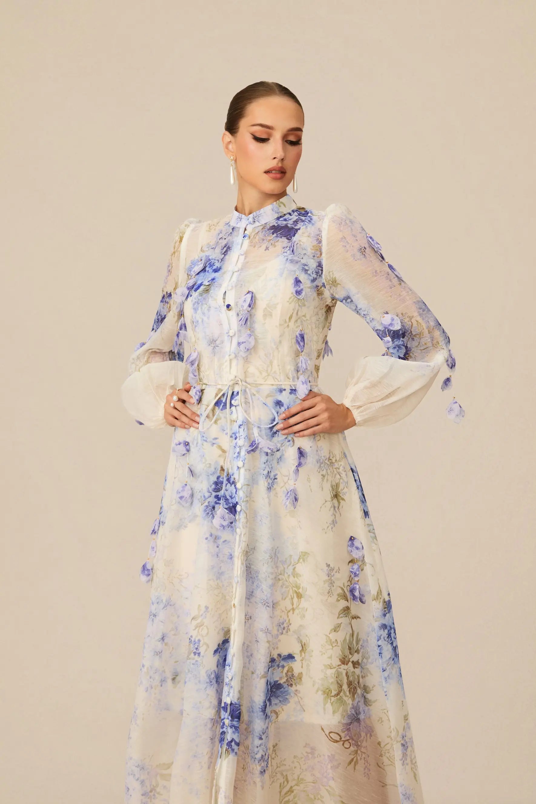 sandra Blue Floral Print puff sleeve Maxi Dress Avalabel