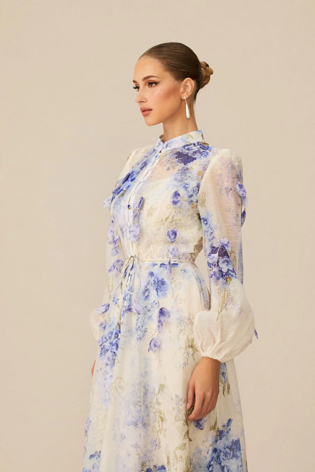 sandra Blue Floral Print puff sleeve Maxi Dress Avalabel
