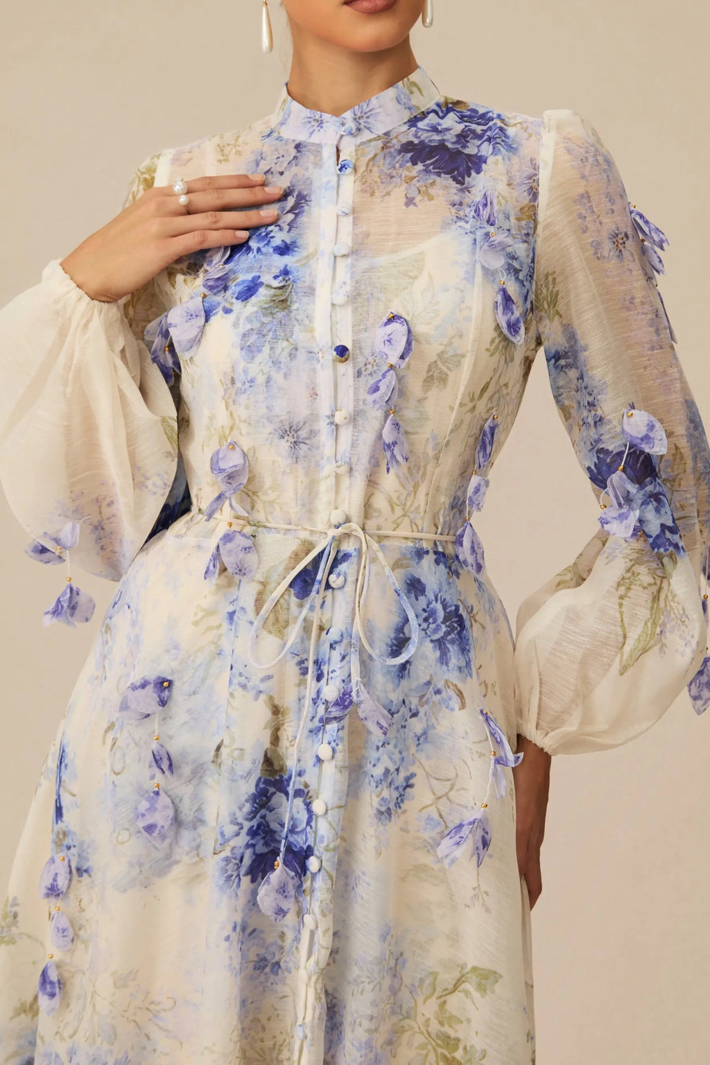 sandra Blue Floral Print puff sleeve Maxi Dress Avalabel
