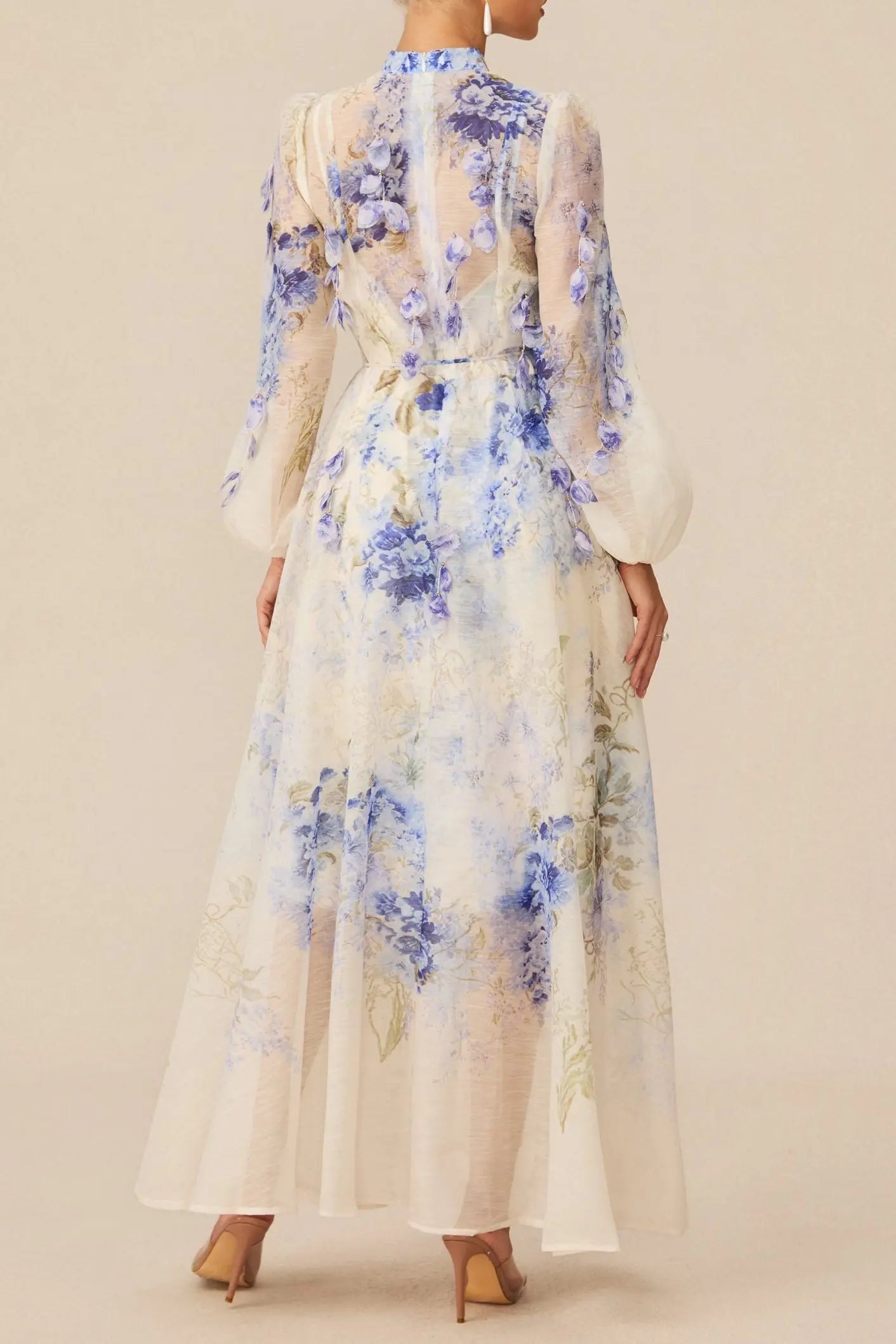 sandra Blue Floral Print puff sleeve Maxi Dress Avalabel