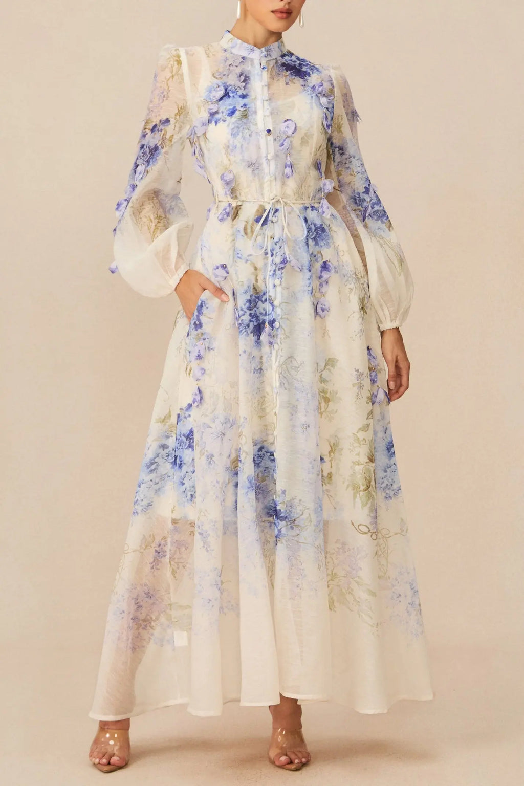 sandra Blue Floral Print puff sleeve Maxi Dress Avalabel