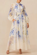 sandra Blue Floral Print puff sleeve Maxi Dress Avalabel