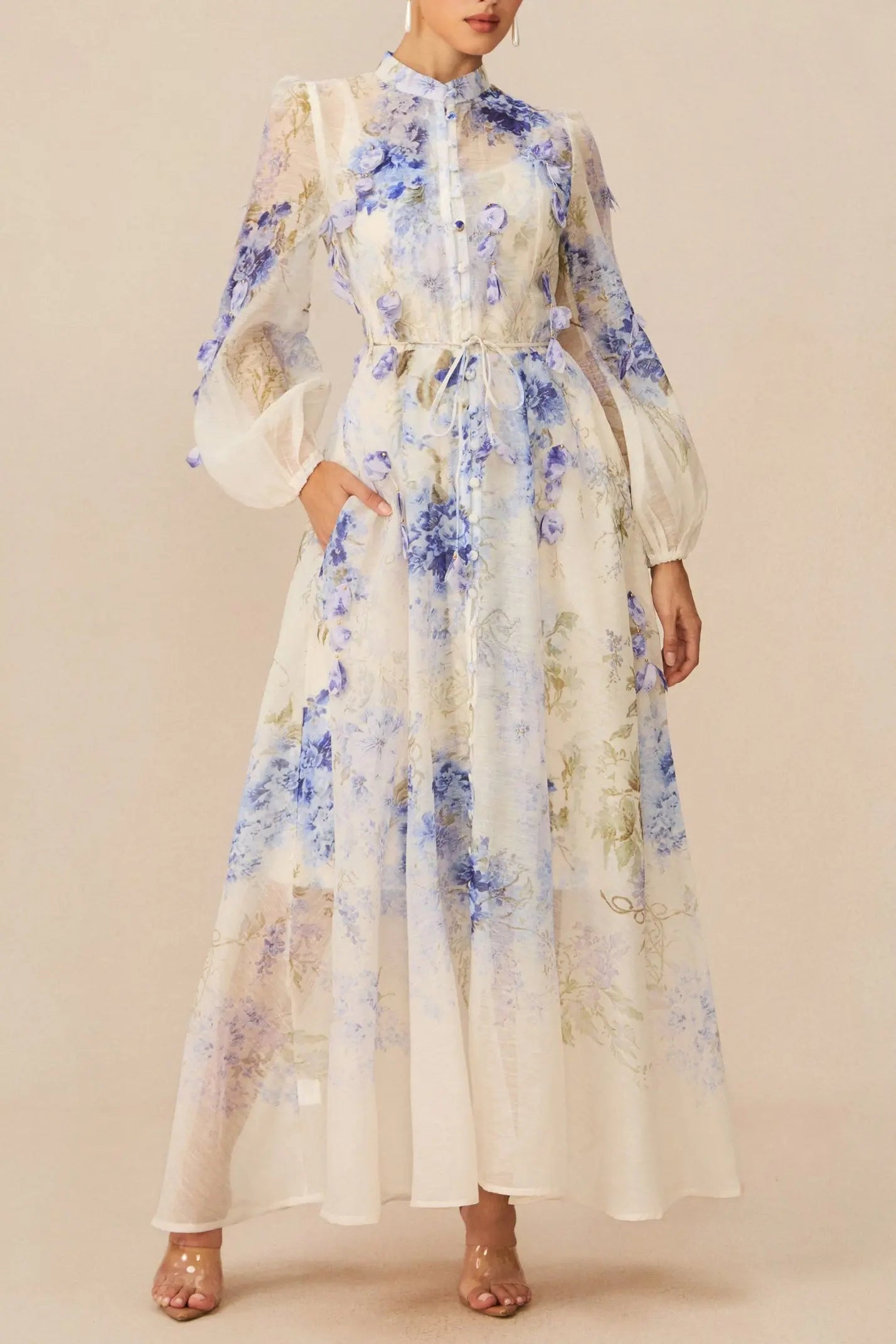 sandra Blue Floral Print puff sleeve Maxi Dress Avalabel