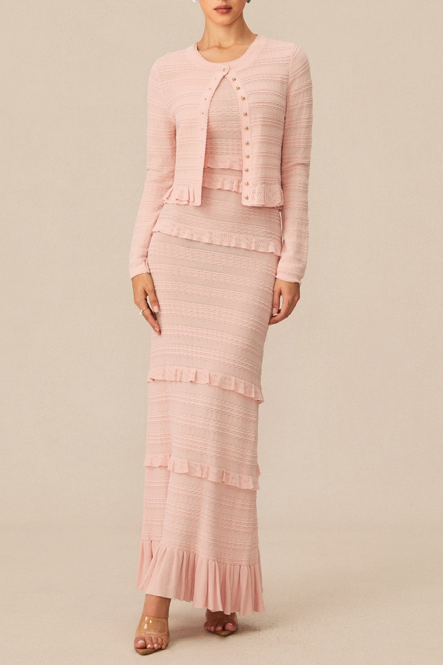 mildred Pink Textured Knit Maxi Dress & Cardigan Set