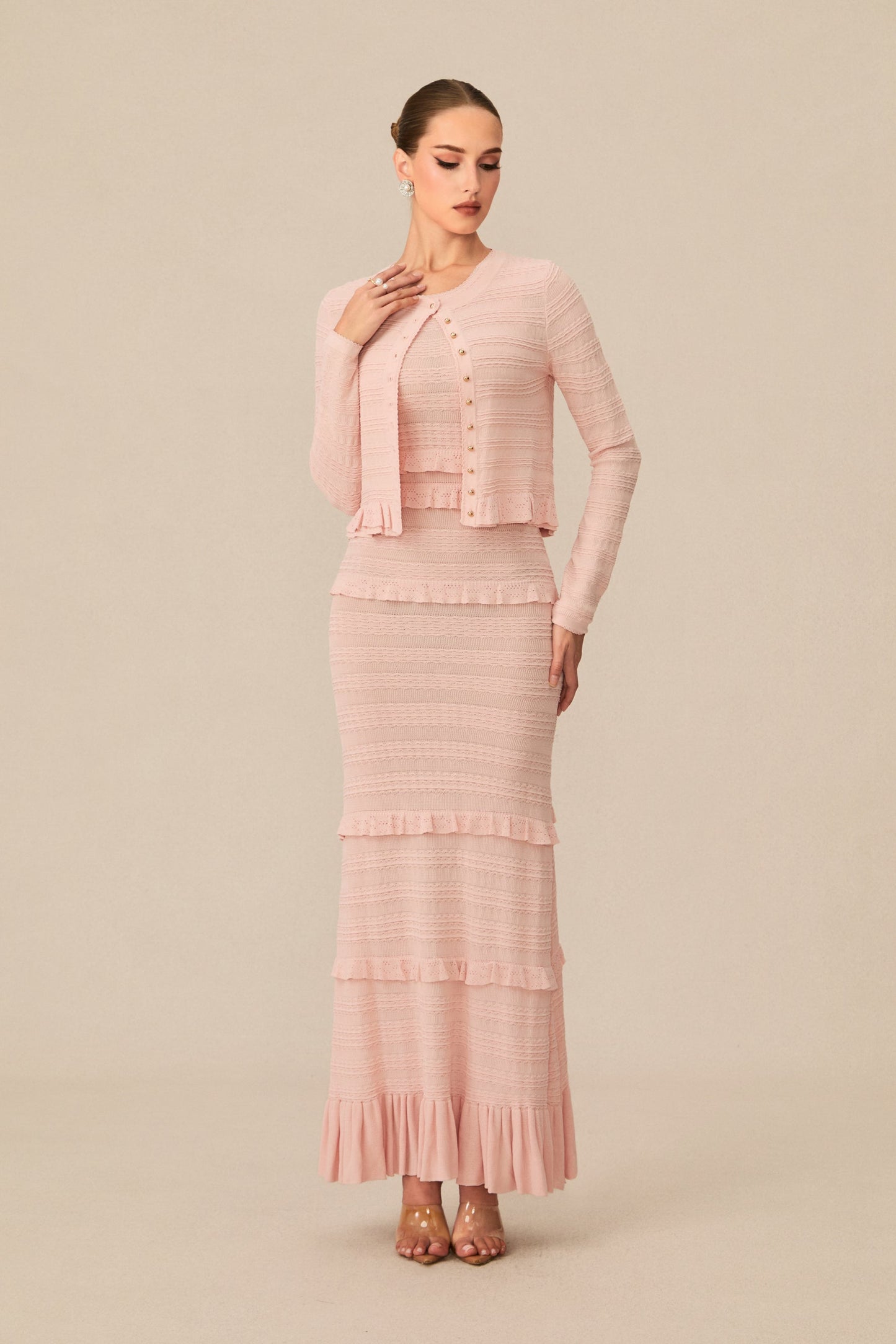mildred Pink Textured Knit Maxi Dress & Cardigan Set