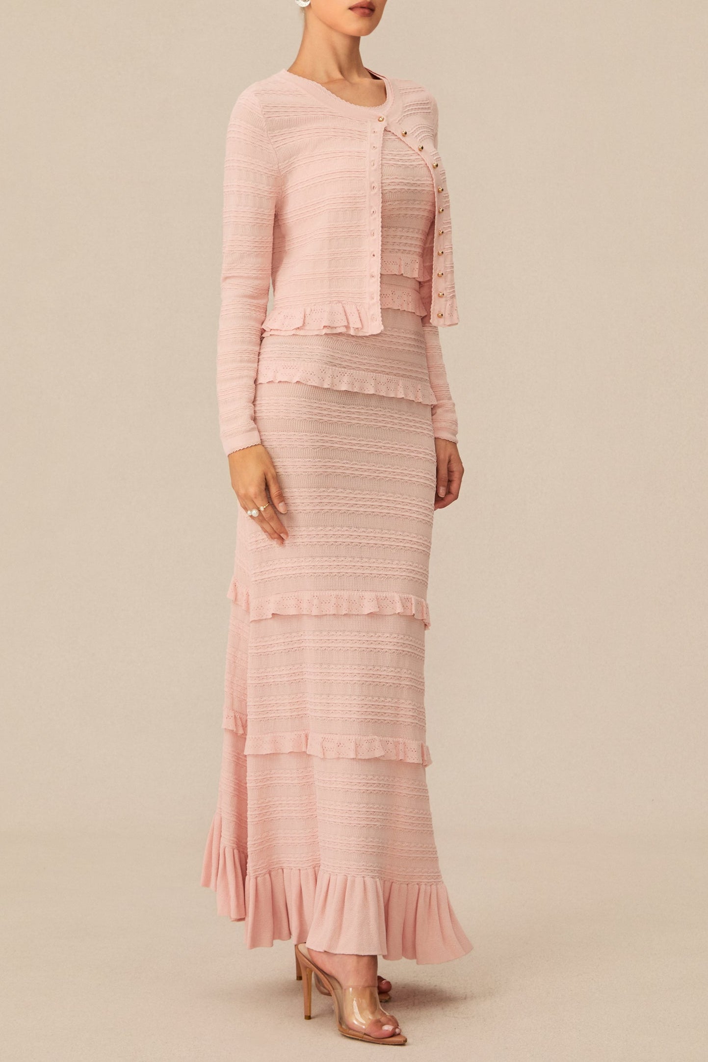 mildred Pink Textured Knit Maxi Dress & Cardigan Set