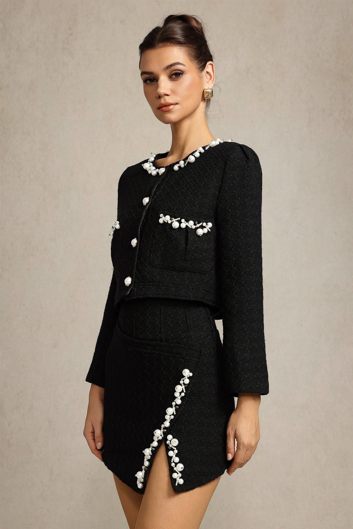 black grace Long Sleeves Pearl Top & Skirt Two-Piece Set Avalabel