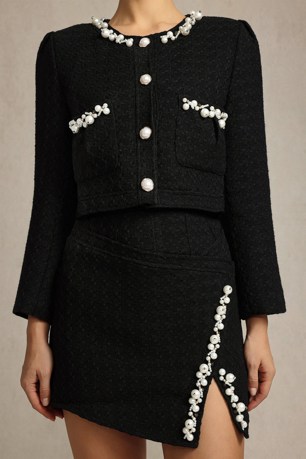black grace Long Sleeves Pearl Top & Skirt Two-Piece Set Avalabel