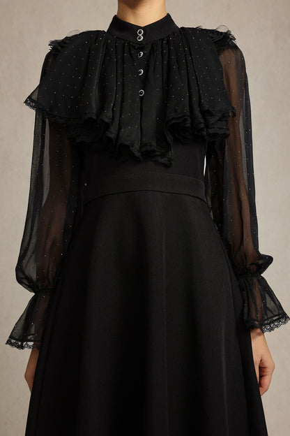 helen Long Sleeves Diamond Artificial Feather Black Top And Skirt Two-Piece Set