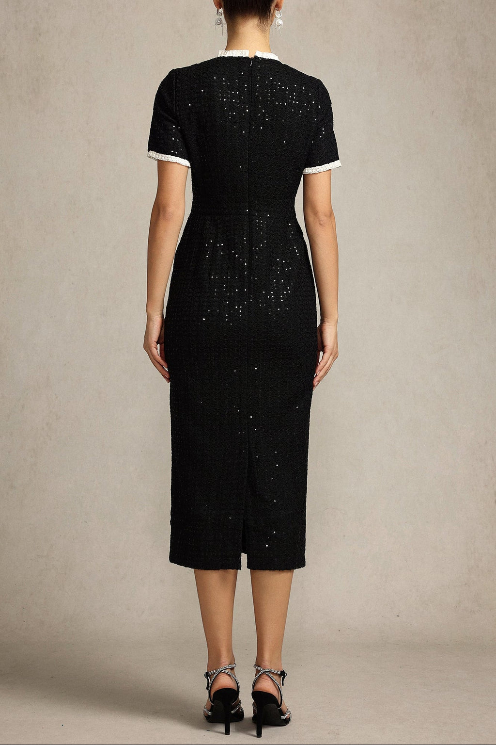Round Neck Short Sleeves sequin Maxi Dress in black Avalabel