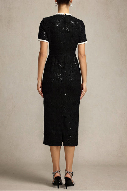 Round Neck Short Sleeves sequin Maxi Dress in black