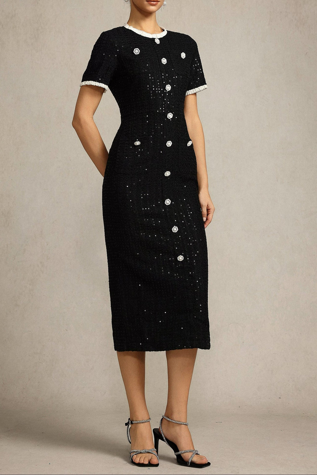 Round Neck Short Sleeves sequin Maxi Dress in black Avalabel