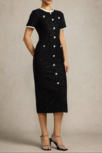 Round Neck Short Sleeves sequin Maxi Dress in black Avalabel