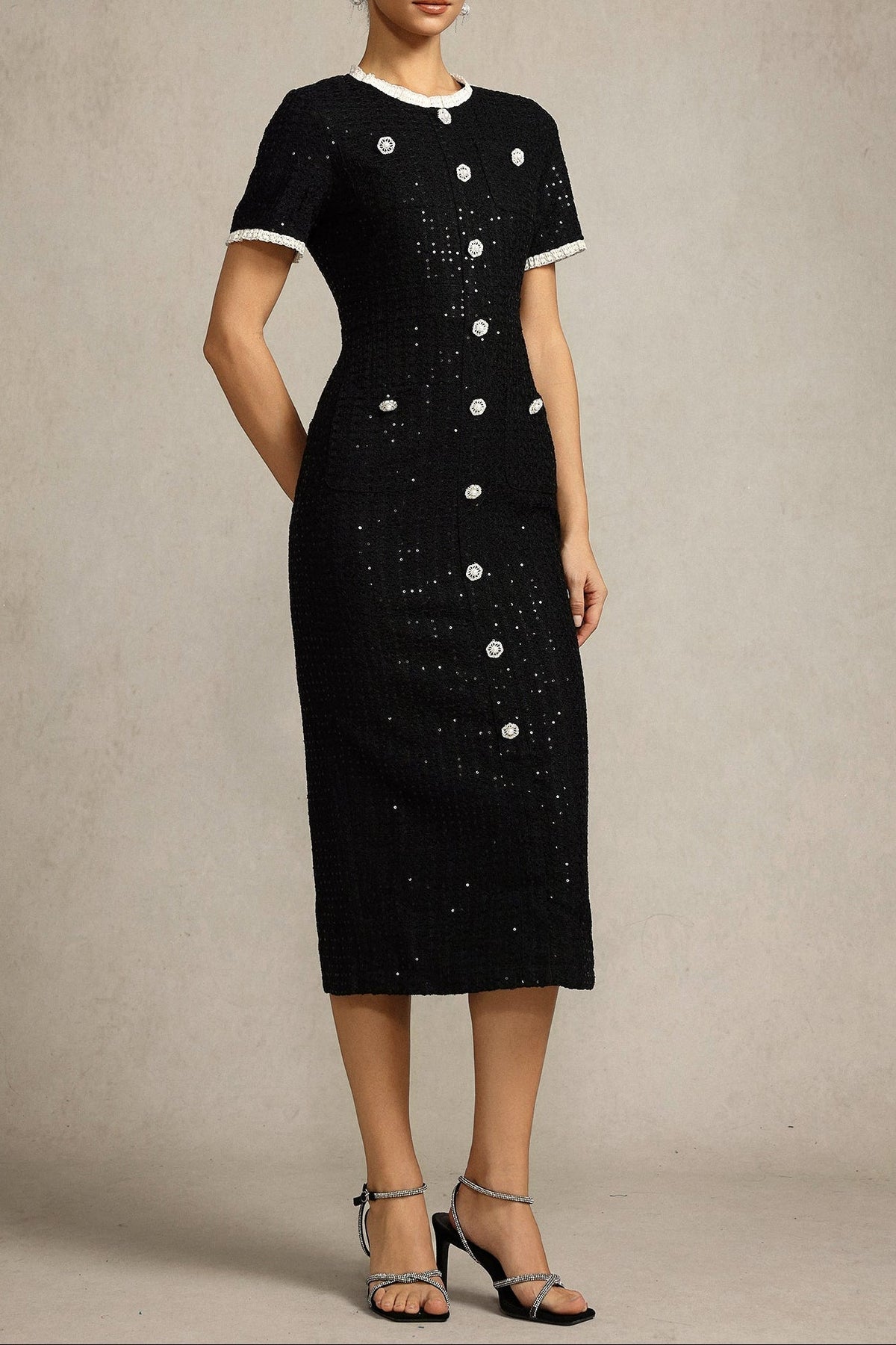 Round Neck Short Sleeves sequin Maxi Dress in black Avalabel