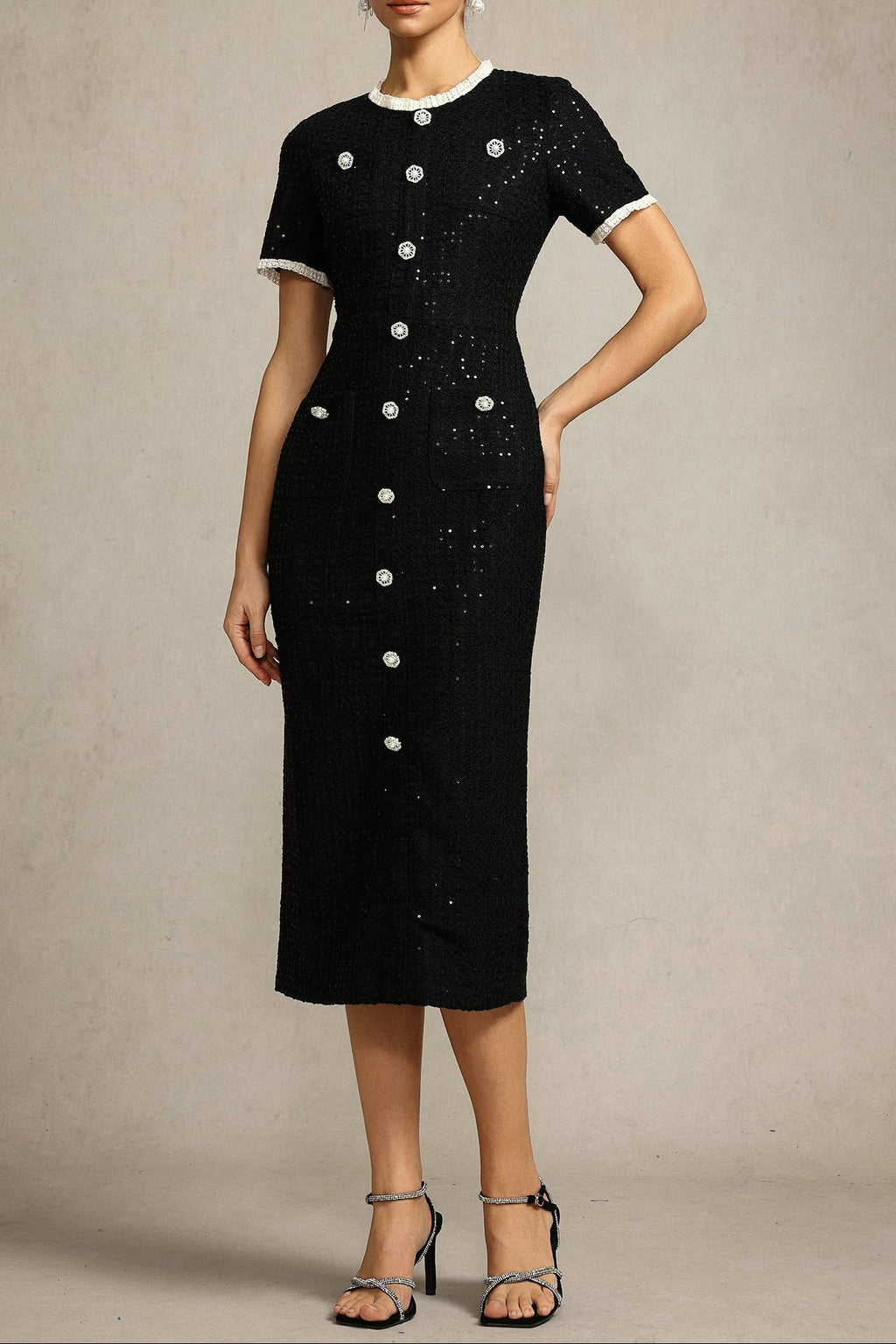 Round Neck Short Sleeves sequin Maxi Dress in black Avalabel