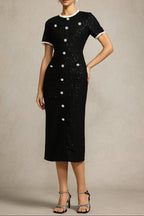 Round Neck Short Sleeves sequin Maxi Dress in black Avalabel