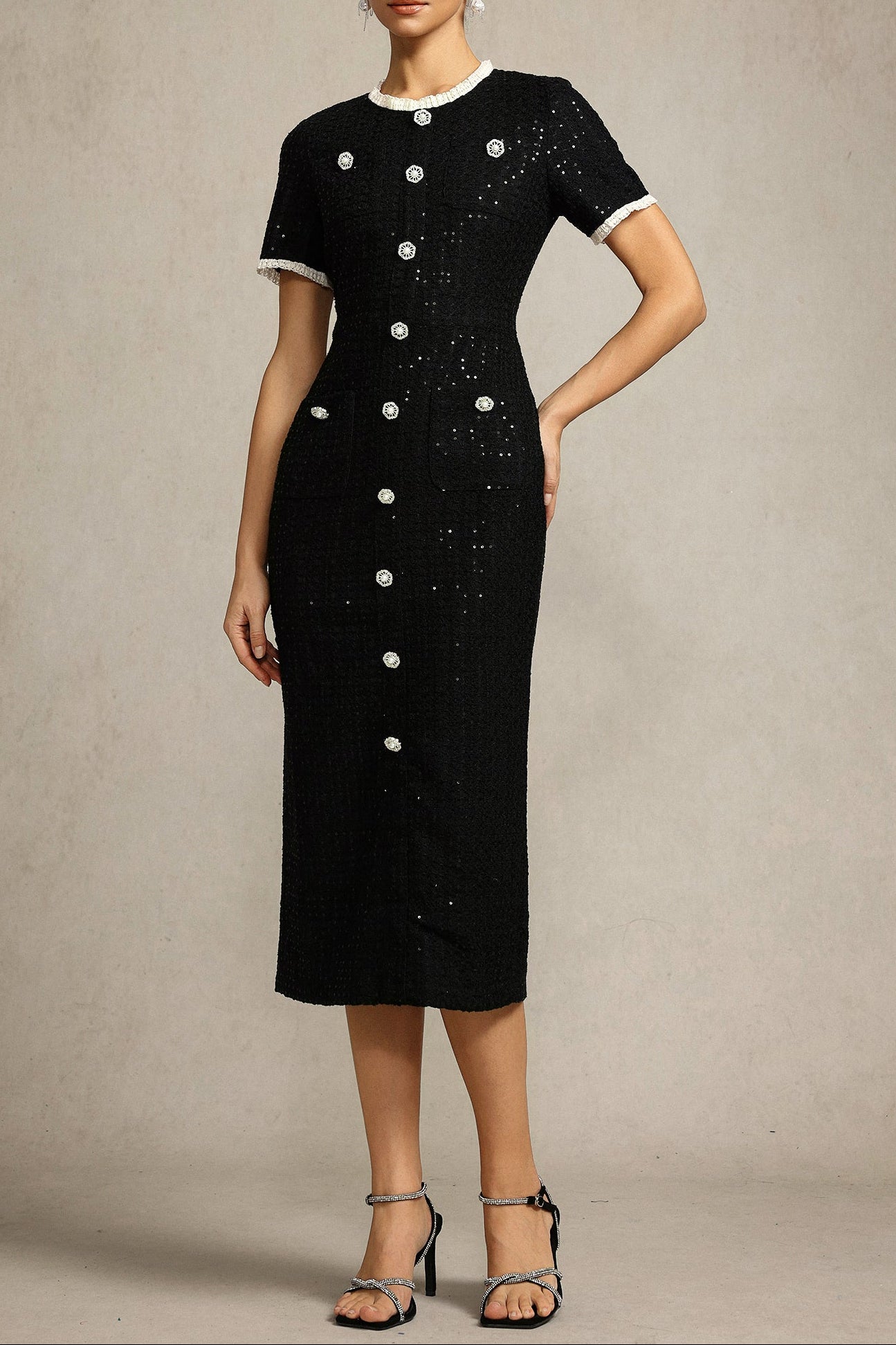 Round Neck Short Sleeves sequin Maxi Dress in black Avalabel