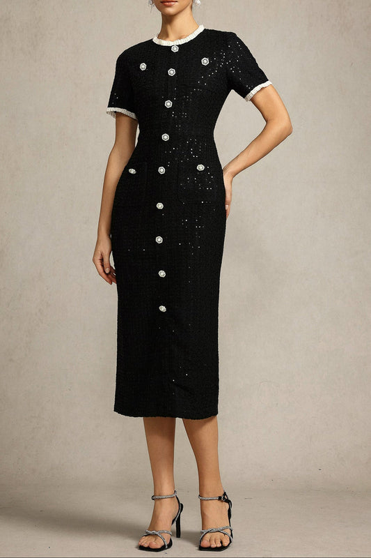 Round Neck Short Sleeves sequin Maxi Dress in black