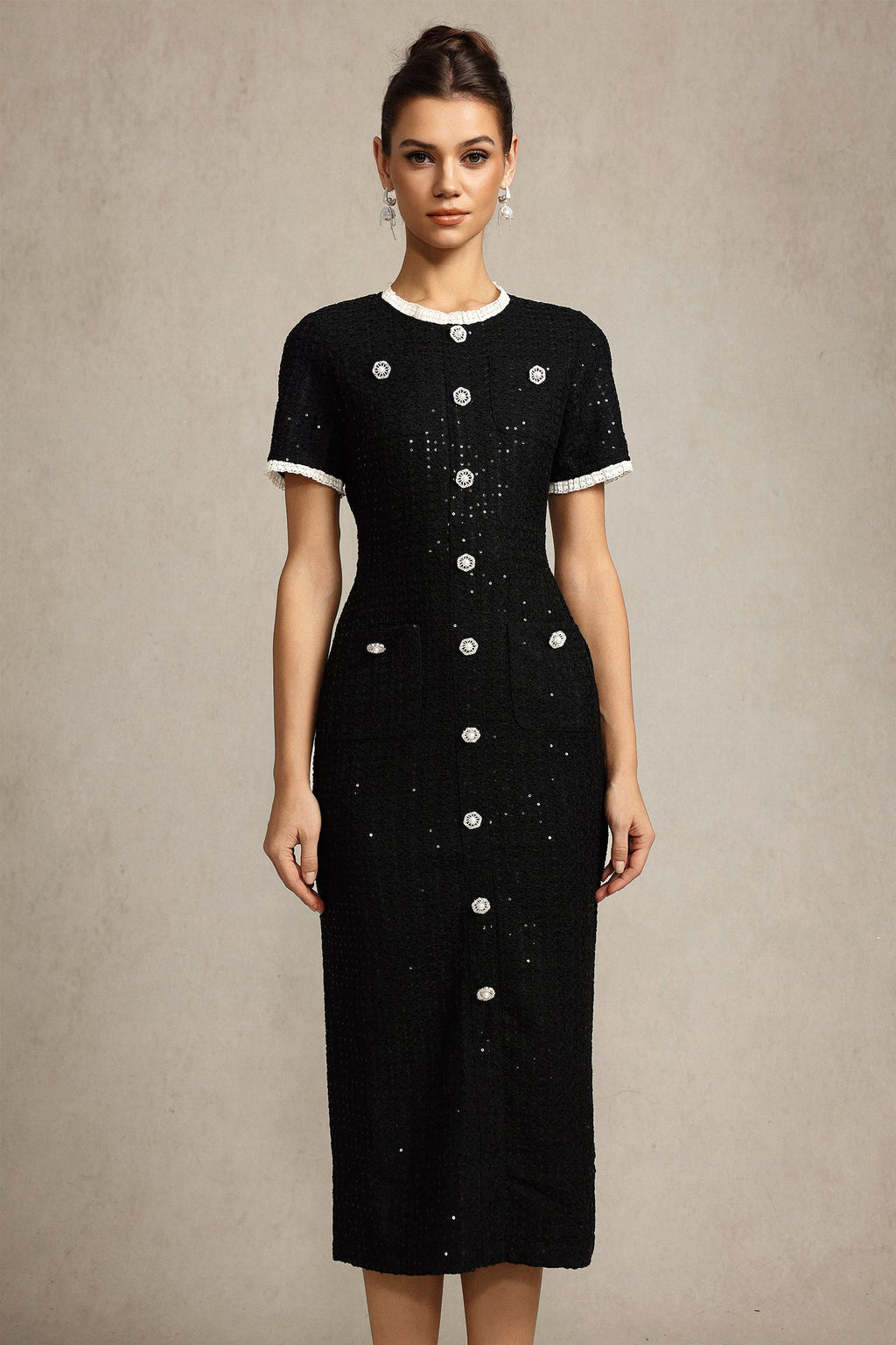 Round Neck Short Sleeves sequin Maxi Dress in black Avalabel