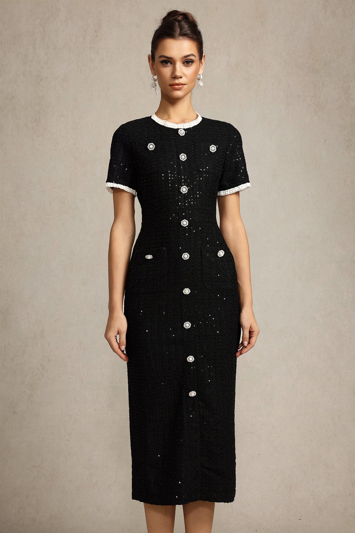 Round Neck Short Sleeves sequin Maxi Dress in black Avalabel