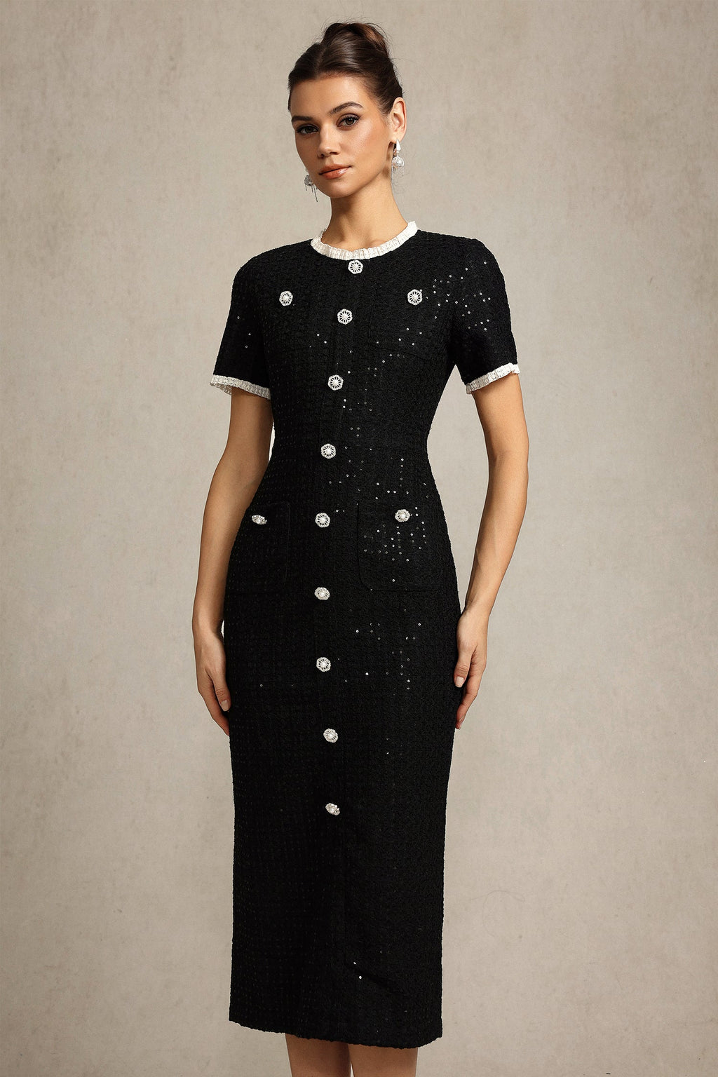 Round Neck Short Sleeves sequin Maxi Dress in black Avalabel