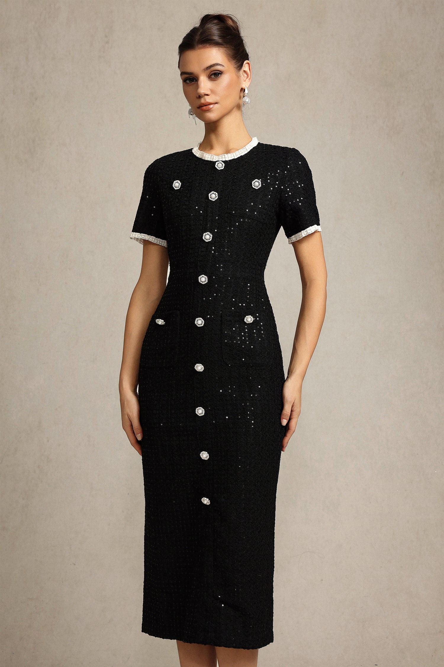 Round Neck Short Sleeves sequin Maxi Dress in black Avalabel