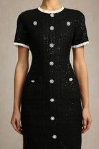 Round Neck Short Sleeves sequin Maxi Dress in black Avalabel