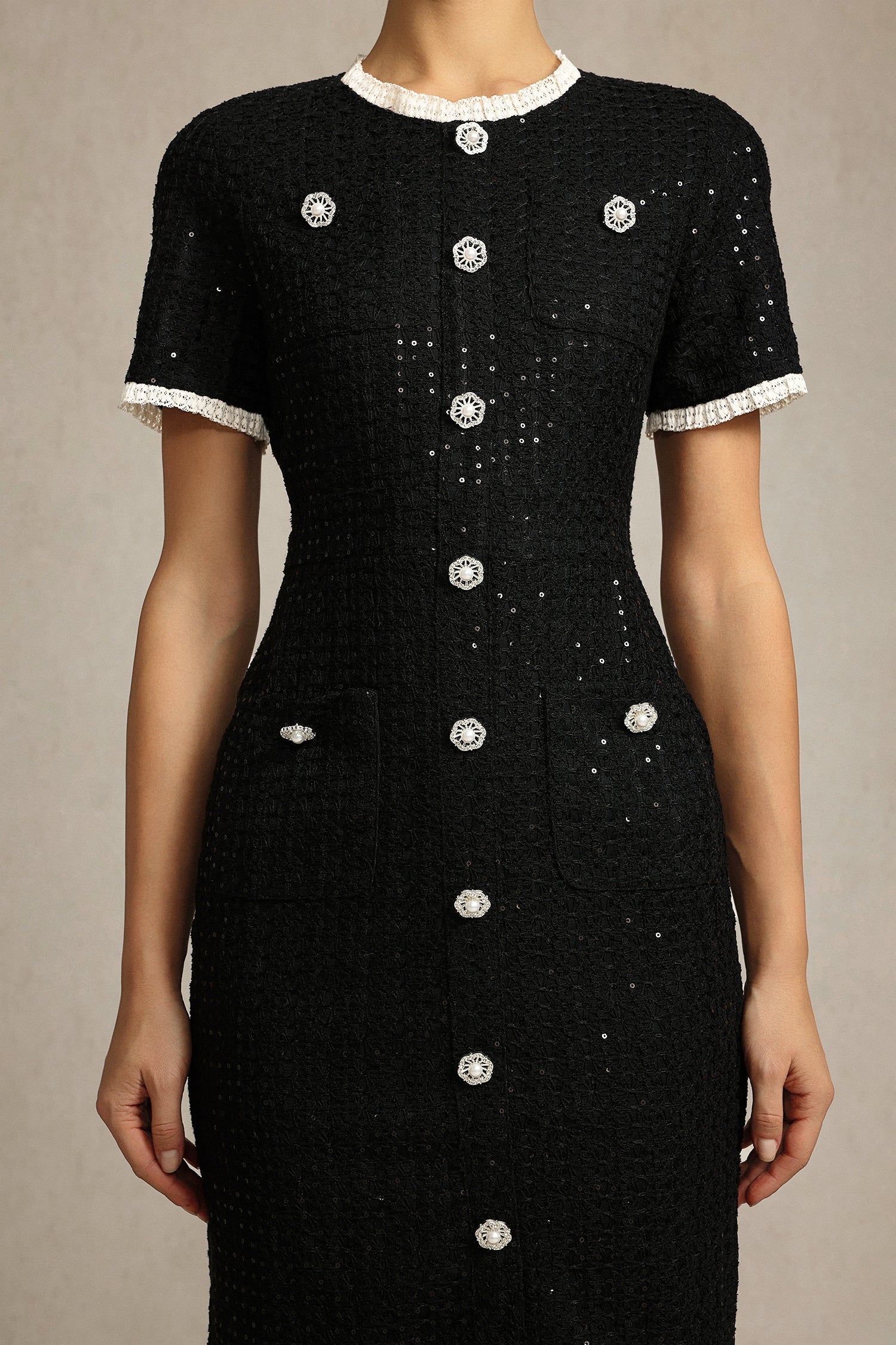 Round Neck Short Sleeves sequin Maxi Dress in black Avalabel