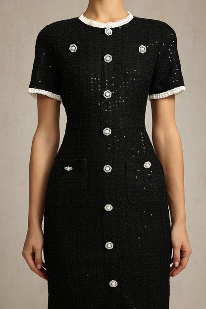 Round Neck Short Sleeves sequin Maxi Dress in black
