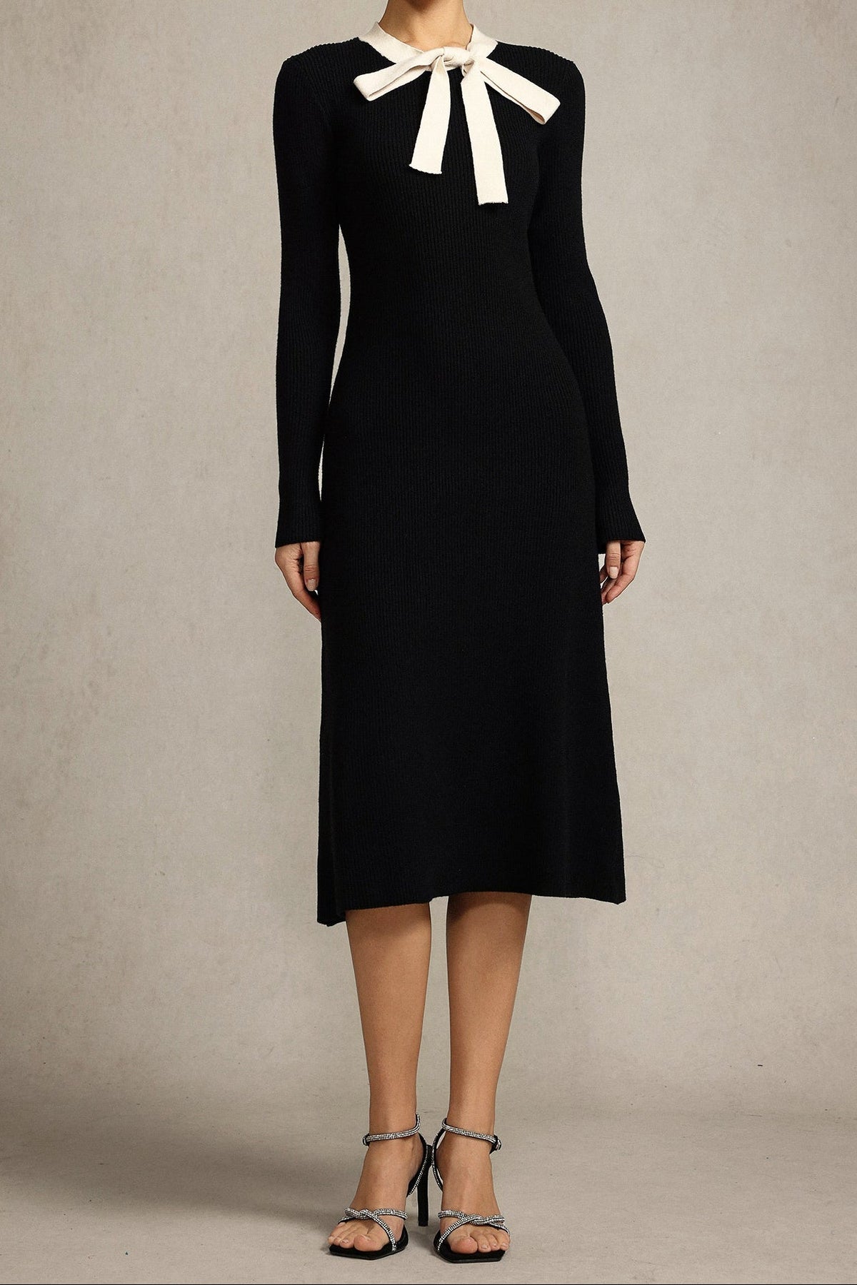 janice Round Neck Long Sleeves Bowknot Streamer Maxi Dress in black Avalabel