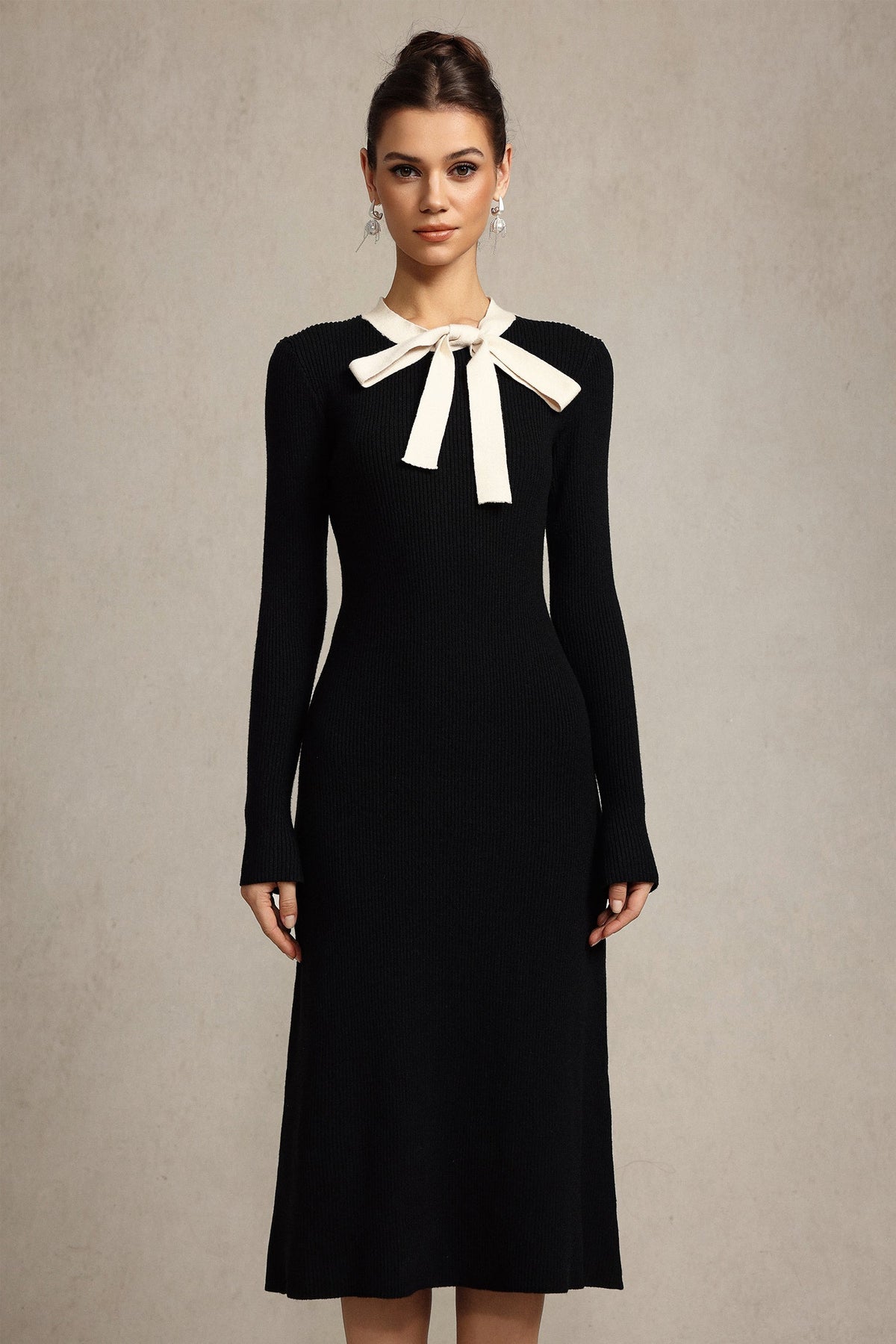 janice Round Neck Long Sleeves Bowknot Streamer Maxi Dress in black Avalabel