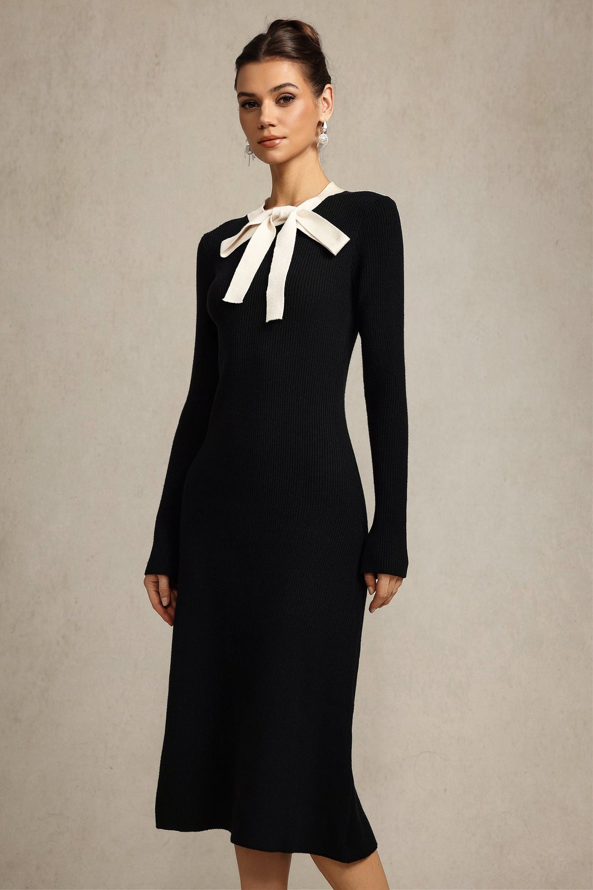 janice Round Neck Long Sleeves Bowknot Streamer Maxi Dress in black Avalabel