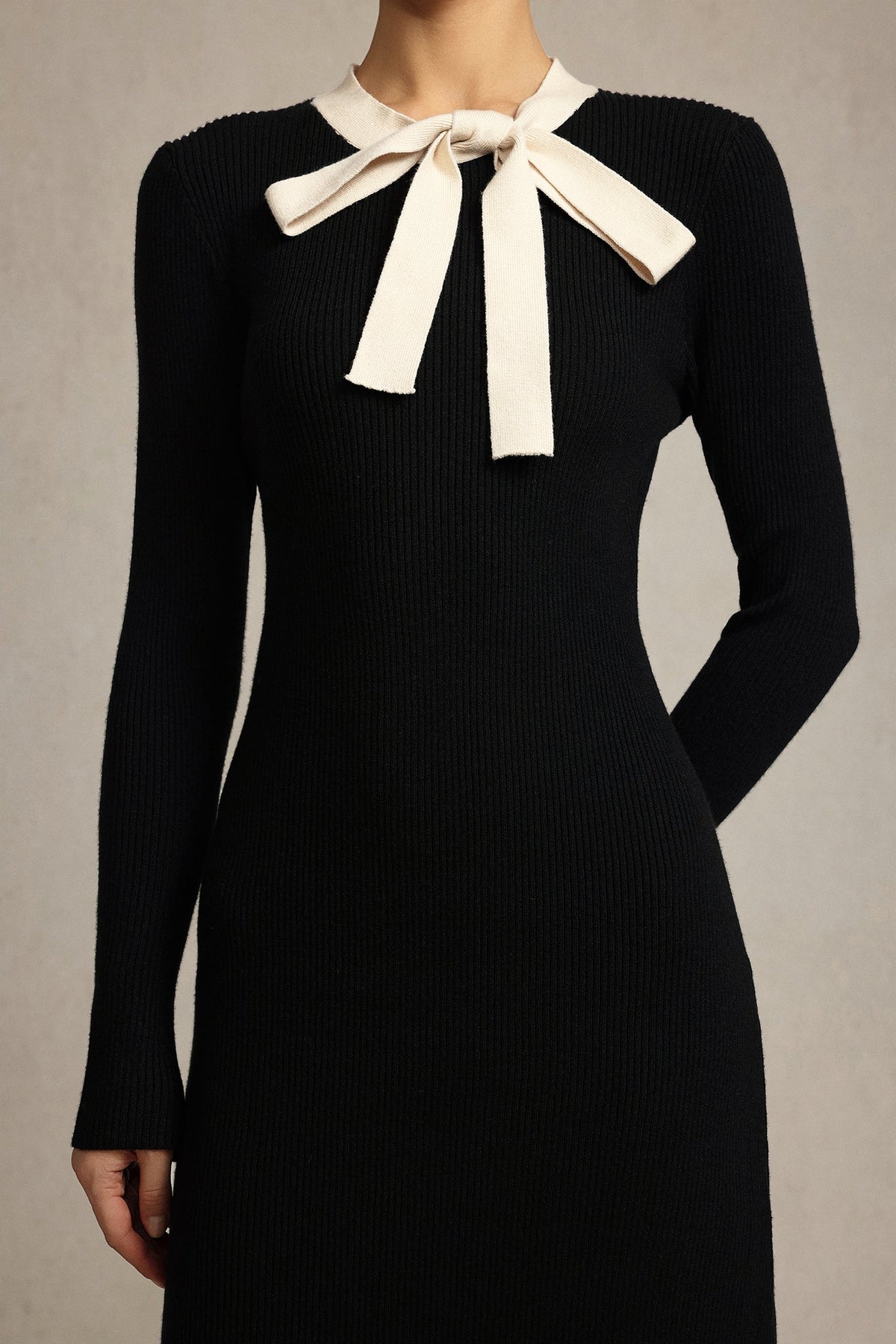 janice Round Neck Long Sleeves Bowknot Streamer Maxi Dress in black Avalabel