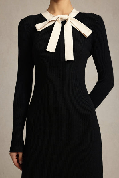 janice Round Neck Long Sleeves Bowknot Streamer Maxi Dress in black