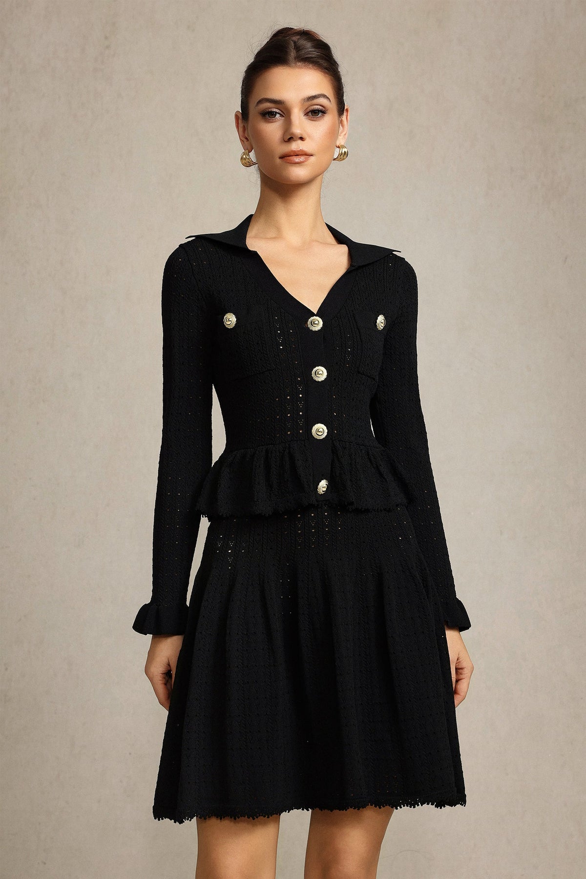 Leaf-edge paneled V-neck knitted mini dress in black Avalabel