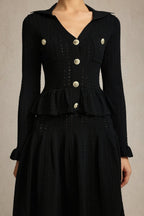 Leaf-edge paneled V-neck knitted mini dress in black Avalabel